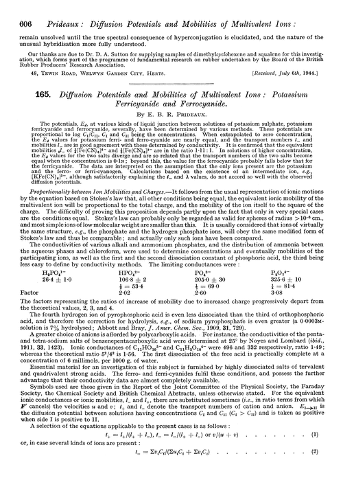 165. Diffusion potentials and mobilities of multivalent ions: potassium ferricyanide and ferrocyanide