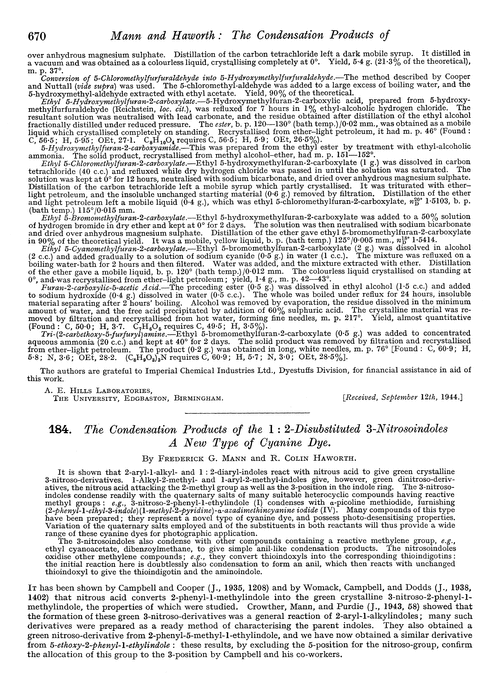 184. The condensation products of the 1 : 2-disubstituted 3-nitrosoindoles a new type of cyanine dye