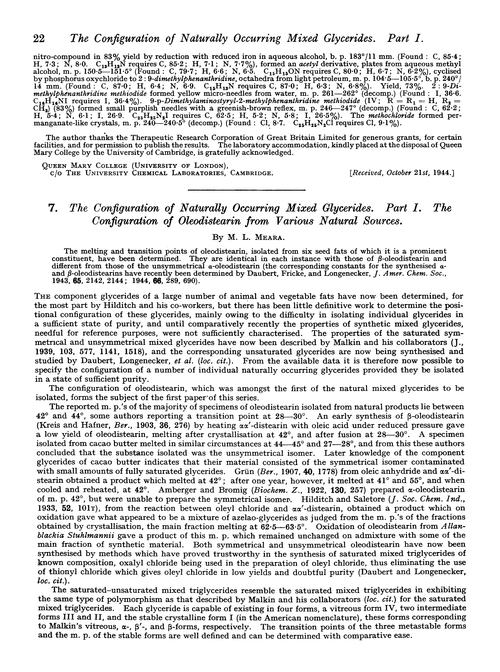 7. The configuration of naturally occurring mixed glycerides. Part I. The configuration of oleodistearin from various natural sources