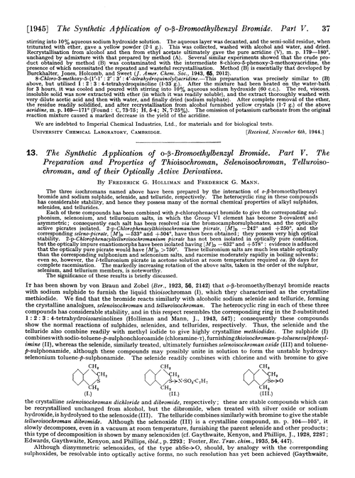 13. The synthetic application of o-β-bromoethylbenzyl bromide. Part V. The preparation and properties of thioisochroman, selenoisochroman, telluroisochroman, and of their optically active derivatives