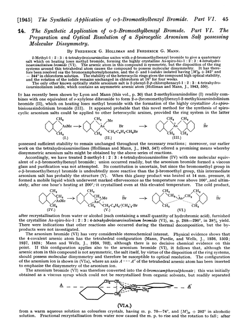 14. The synthetic application of o-β-bromoethylbenzyl bromide. Part VI. The preparation and optical resolution of a spirocyclic arsonium salt possessing molecular dissymmetry