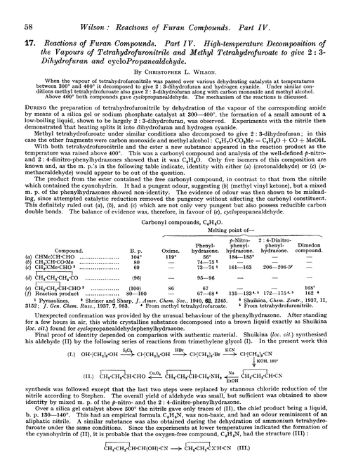 17. Reactions of furan compounds. Part IV. High-temperature decomposition of the vapours of tetrahydrofuronitrile and methyl tetrahydrofuroate to give 2 : 3-dihydrofuran and cyclopropanealdehyde