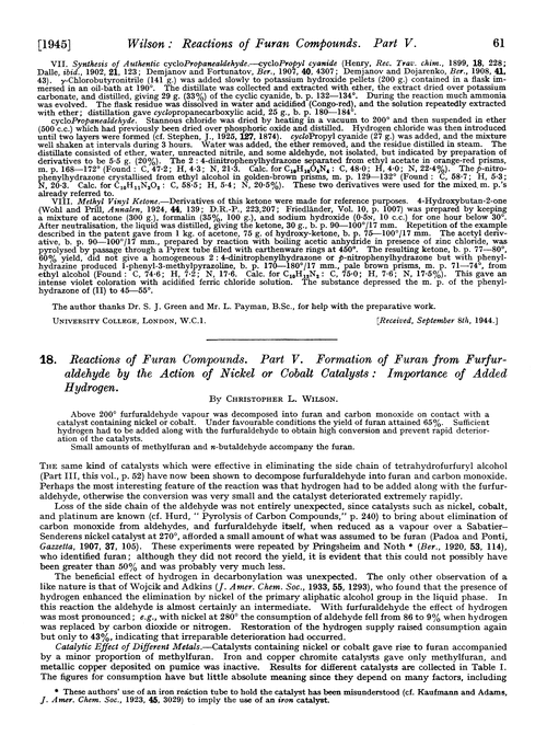 18. Reactions of furan compounds. Part V. Formation of furan from furfuraldehyde by the action of nickel or cobalt catalysts: importance of added hydrogen