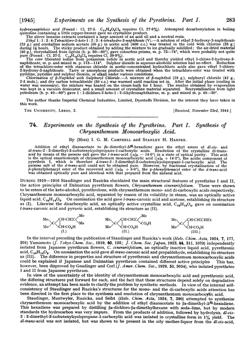 74. Experiments on the synthesis of the pyrethrins. Part I. Synthesis of chrysanthemum monocarboxylic acid