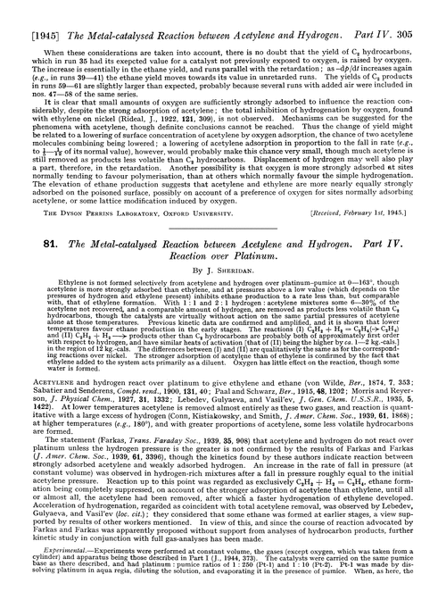 81. The metal-catalysed reaction between acetylene and hydrogen. Part IV. Reaction over platinum