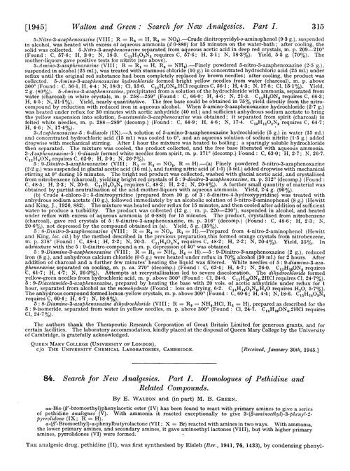 84. Search for new analgesics. Part I. Homologues of pethidine and related compounds