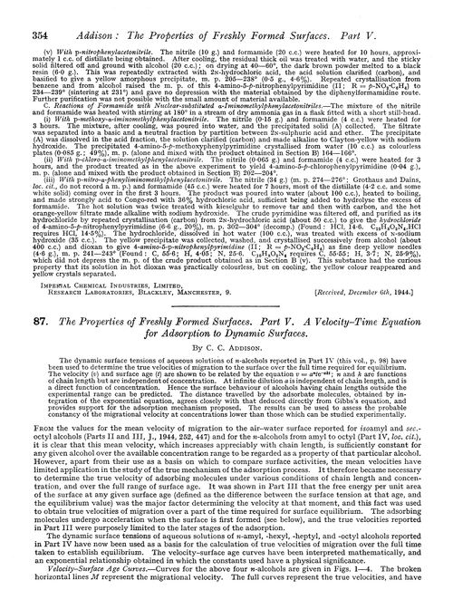 87. The properties of freshly formed surfaces. Part V. A velocity–time equation for adsorption to dynamic surfaces
