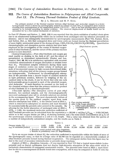 112. The course of autoxidation reactions in polyisoprenes and allied compounds. Part IX. The primary thermal oxidation product of ethyl linoleate