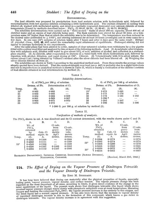 114. The effect of drying on the vapour pressure of dinitrogen tetroxide and the vapour density of dinitrogen trioxide