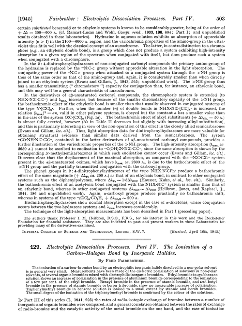 129. Electrolytic dissociation processes. Part IV. The ionisation of a carbon–halogen bond by inorganic halides