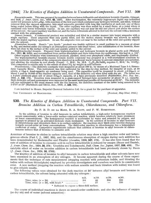 130. The kinetics of halogen addition to unsaturated compounds. Part VII. Bromine addition in carbon tetrachloride, chlorobenzene, and chloroform