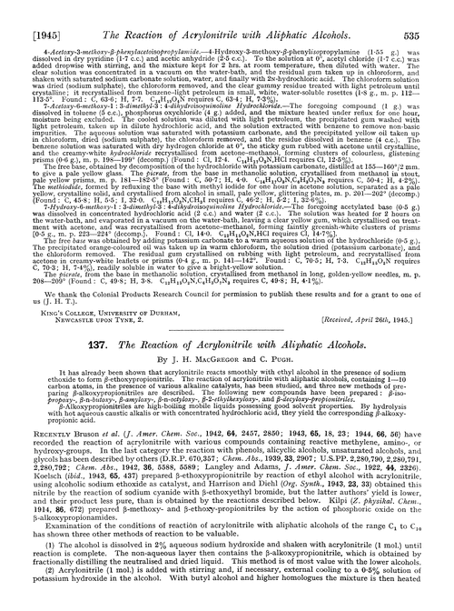 137. The reaction of acrylonitrile with aliphatic alcohols