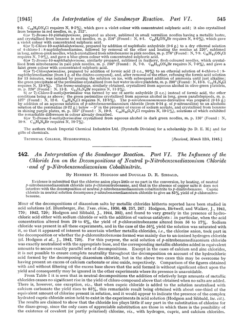 142. An interpretation of the Sandmeyer reaction. Part VI. The influence of the chloride ion on the decompositions of neutral p-nitrobenzenediazonium chloride and of p-nitrobenzenediazonium cobaltinitrite