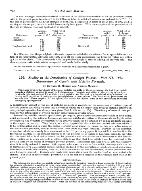 199. Studies in the detoxication of catalyst poisons. Part III. The detoxication of cystein with metallic per-acids