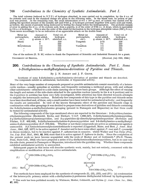 200. Contributions to the chemistry of synthetic antimalarials. Part I. Some δ-diethylamino-α-methylbutylamino-derivatives of pyridine and thiazole