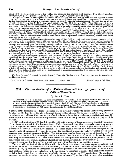 230. The bromination of 4 : 4′-diamidino-αγ-diphenoxypropane and of 4 : 4′-diamidino-stilbene