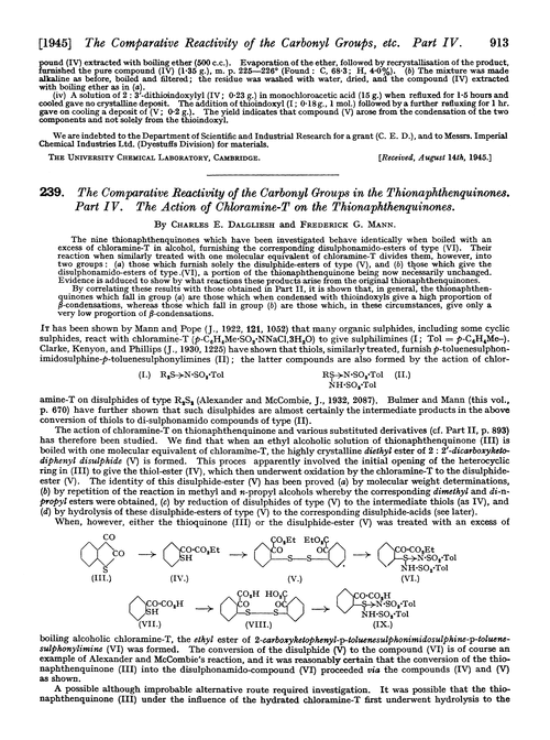 239. The comparative reactivity of the carbonyl groups in the thionaphthenquinones. Part IV. The action of chloramine-T on the thionaphthenquinones