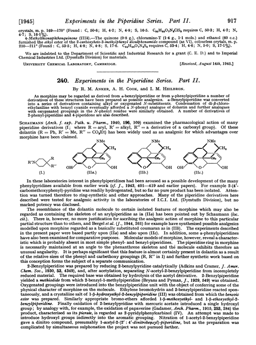 240. Experiments in the piperidine series. Part II