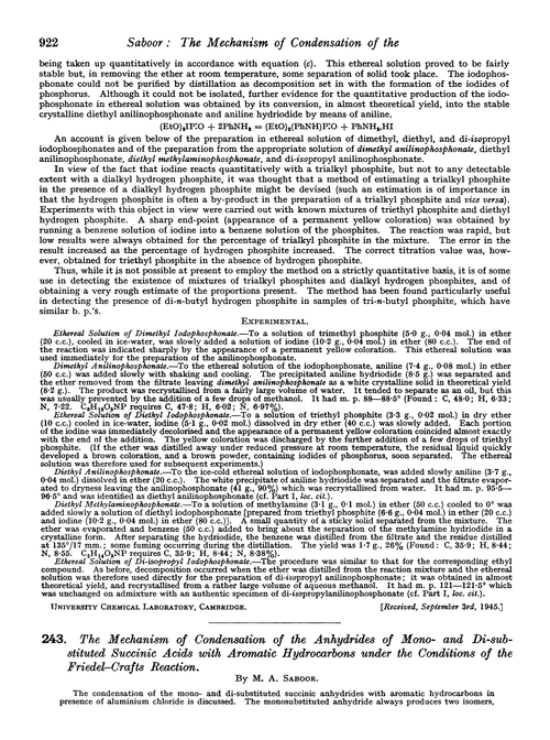 243. The mechanism of condensation of the anhydrides of mono- and di-substituted succinic acids with aromatic hydrocarbons under the conditions of the Friedel–Crafts reaction