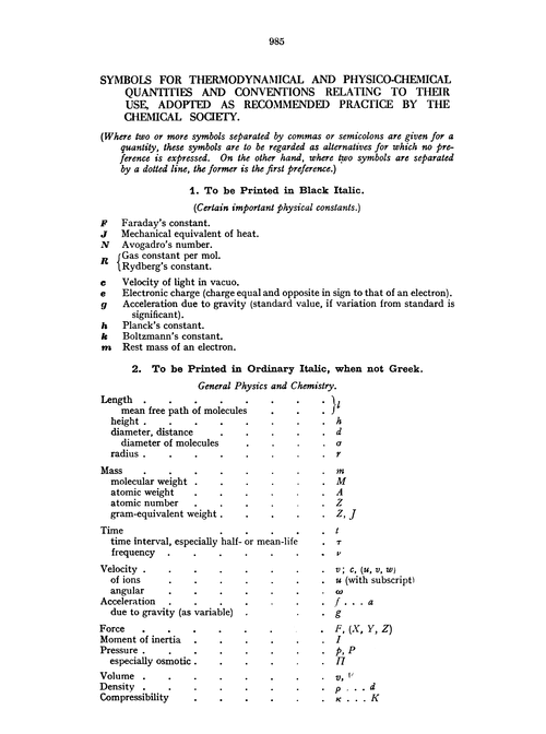 Symbols for thermodynamical and physico-chemical quantities and conventions relating to their use, adopted as recommended practice by the Chemical Society