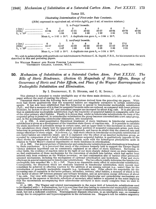 50. Mechanism of substitution at a saturated carbon atom. Part XXXII. The rôle of steric hindrance. (Section G) magnitude of steric effects, range of occurrence of steric and polar effects, and place of the wagner rearrangement in nucleophilic substitution and elimination