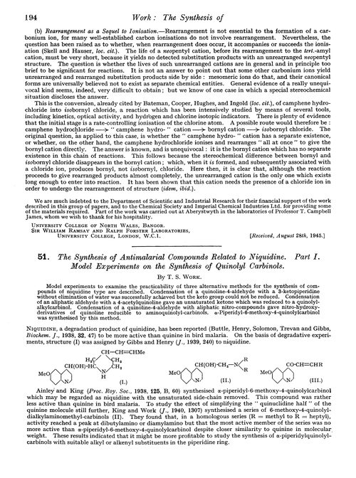 51. The synthesis of antimalarial compounds related to niquidine. Part I. Model experiments on the synthesis of quinolyl carbinols