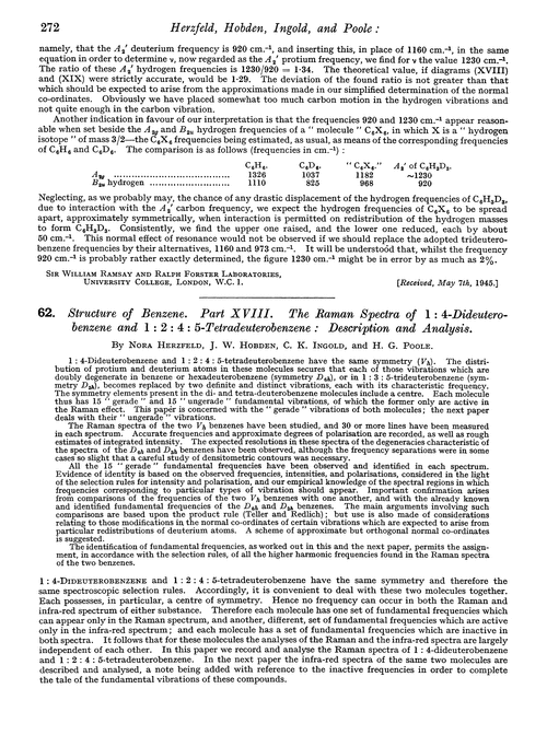 62. Structure of benzene. Part XVIII. The Raman spectra of 1 : 4-dideuterobenzene and 1 : 2 : 4 : 5-tetradeuterobenzene : description and analysis