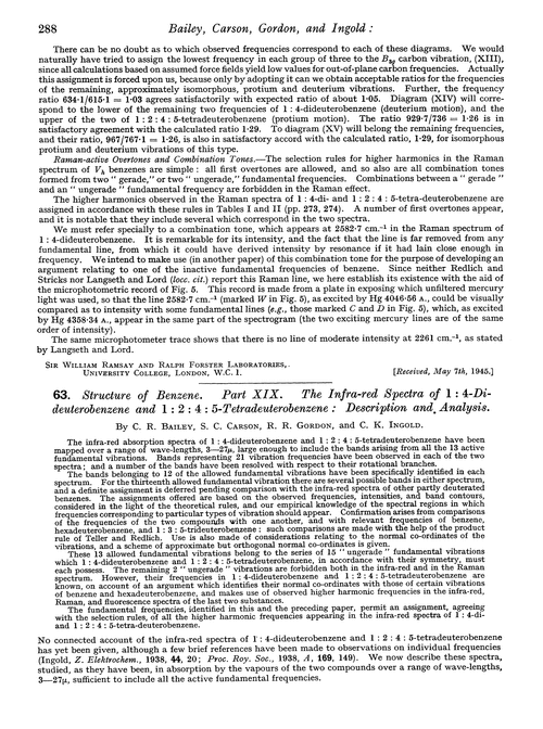63. Structure of benzene. Part XIX. The infra-red spectra of 1 : 4-dideuterobenzene and 1 : 2 : 4 : 5-tetradeuterobenzene : description and analysis