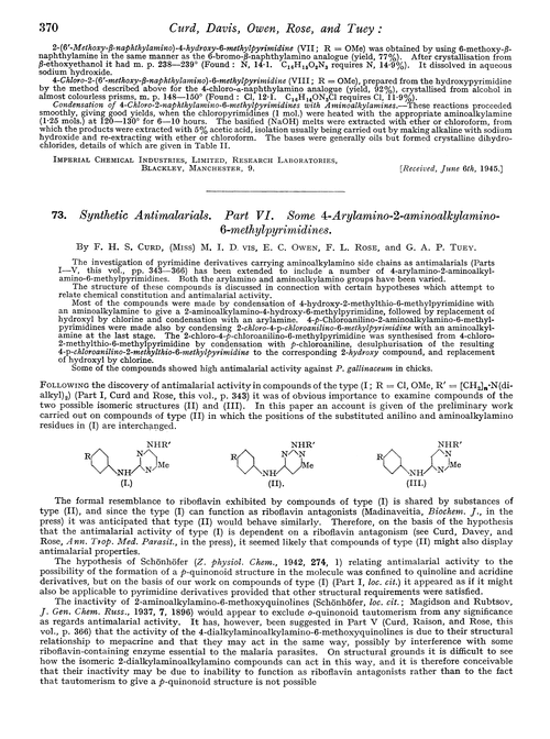 73. Synthetic antimalarials. Part VI. Some 4-arylamino-2-aminoalkylamino-6-methylpyrimidines