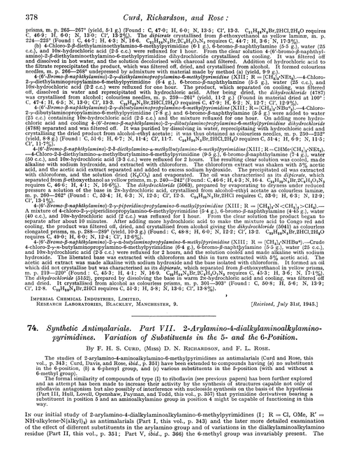 74. Synthetic antimalarials. Part VII. 2-Arylamino-4-dialkylaminoalkylaminopyrimidines. Variation of substituents in the 5- and the 6-position