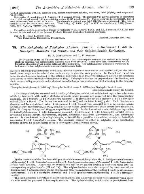 78. The anhydrides of polyhydric alcohols. Part V. 2 : 5-Diamino 1 : 4–3 : 6-dianhydro mannitol and sorbitol and their sulphanilamide derivatives