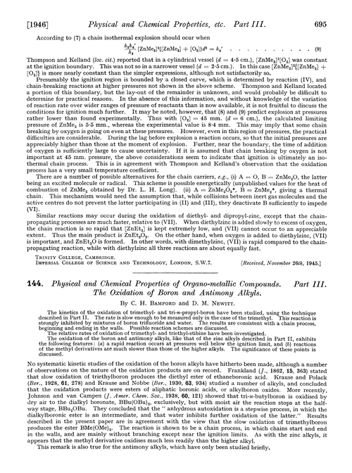 144. Physical and chemical properties of organo-metallic compounds. Part III. The oxidation of boron and antimony alkyls