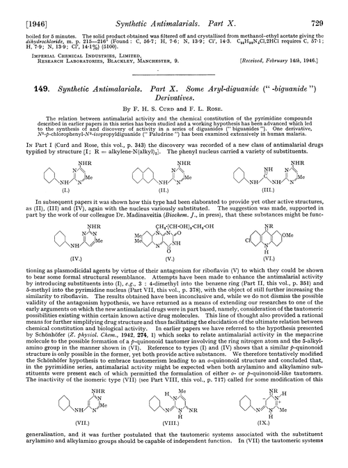 149. Synthetic antimalarials. Part X. Some aryl-diguanide (“-biguanide”) derivatives