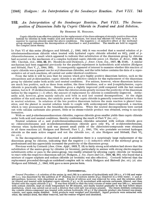 152. An interpretation of the Sandmeyer reaction. Part VIII. The decomposition of diazonium salts by cupric chloride in neutral and acid solution