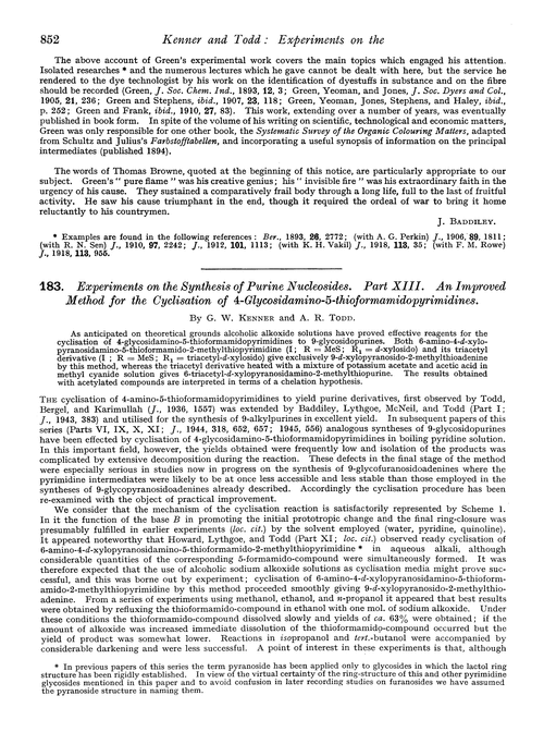 183. Experiments on the synthesis of purine nucleosides. Part XIII. An improved method for the cyclisation of 4-glycosidamino-5-thioformamidopyrimidines
