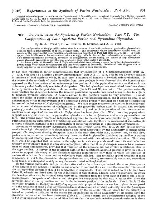 185. Experiments on the synthesis of purine nucleosides. Part XV. The configuration of some synthetic purine and pyrimidine glycosides