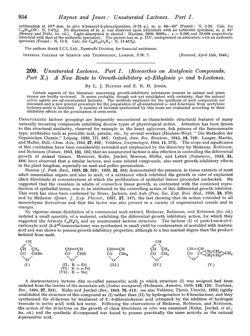 209. Unsaturated lactones. Part I. (Researches on acetylenic compounds. Part X.) A new route to growth-inhibitory αβ-ethylenic γ- and δ-lactones