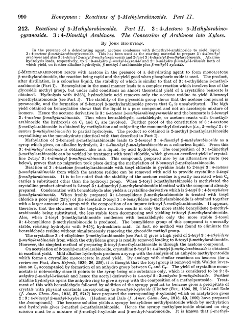 212. Reactions of β-methylarabinoside. Part II. 3 : 4-Acetone β-methylarabino-pyranoside. 3 : 4-dimethyl arabinose. The conversion of arabinose into xylose