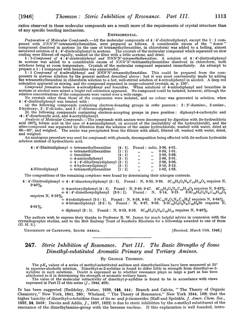 247. Steric inhibition of resonance. Part III. The basic strengths of some dimethyl-substituted aromatic primary and tertiary amines