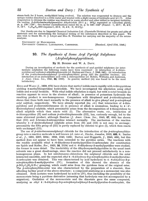 10. The synthesis of some aryl pyridyl sulphones (arylsulphonylpyridines)