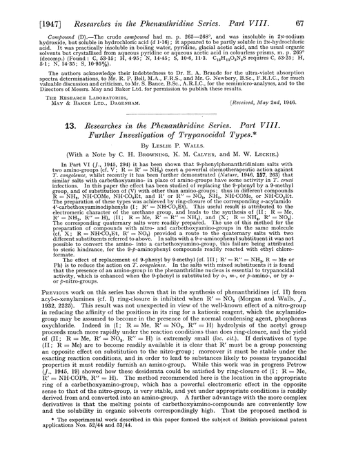 13. Researches in the phenanthridine series. Part VIII. Further investigation of trypanocidal types