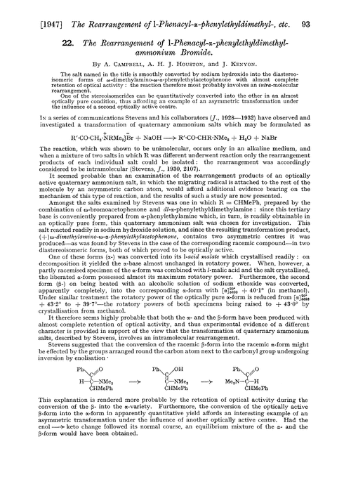 22. The rearrangement of 1-phenacyl-α-phenylethyldimethylammonium bromide