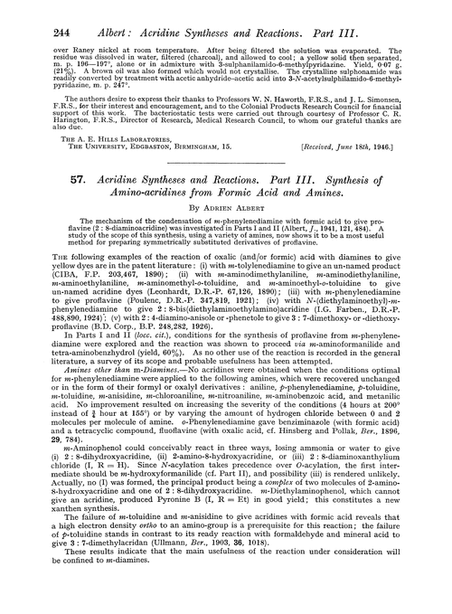 57. Acridine syntheses and reactions. Part III. Synthesis of amino-acridines from formic acid and amines