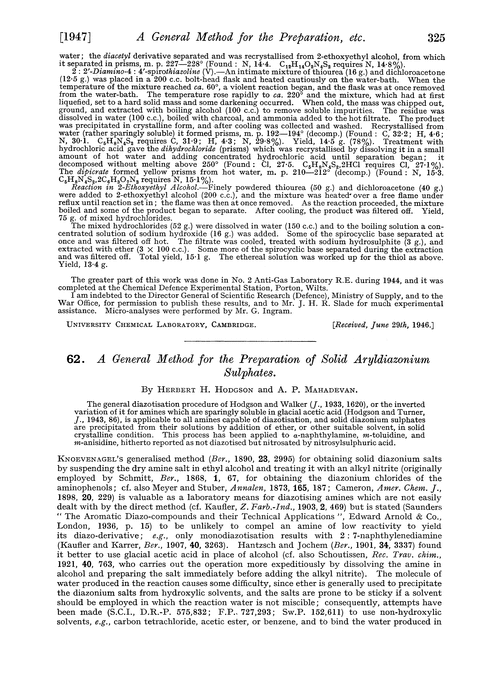 62. A general method for the preparation of solid aryldiazonium sulphates