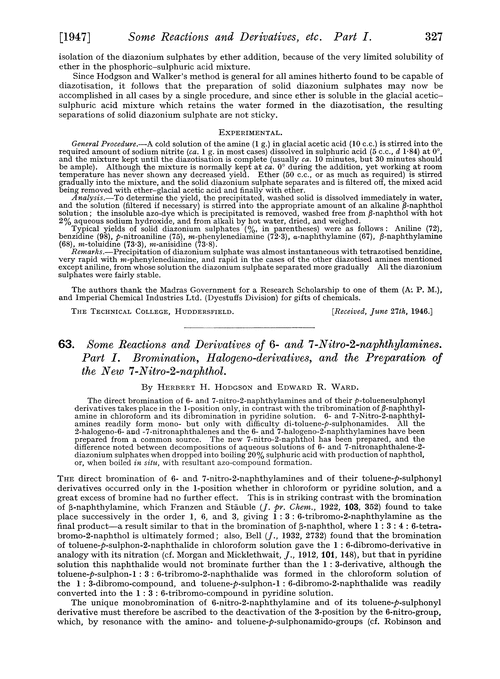 63. Some reactions and derivatives of 6- and 7-nitro-2-naphthylamines. Part I. Bromination, halogeno-derivatives, and the preparation of the new 7-nitro-2-naphthol