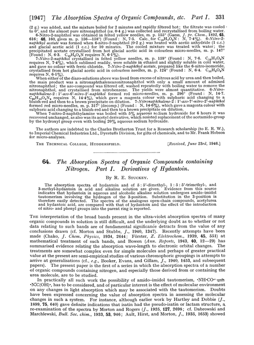 64. The absorption spectra of organic compounds containing nitrogen. Part I. Derivatives of hydantoin