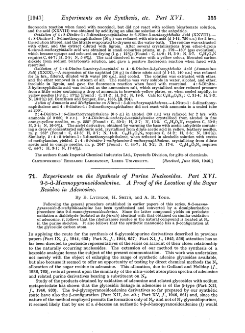 71. Experiments on the synthesis of purine nucleosides. Part XVI. 9-β-d-Mannopyranosidoadenine. A proof of the location of the sugar residue in adenosine