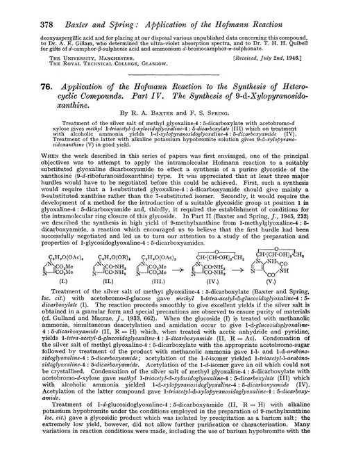 76. Application of the Hofmann reaction to the synthesis of heterocyclic compounds. Part IV. The synthesis of 9-d-xylopyranosidoxanthine