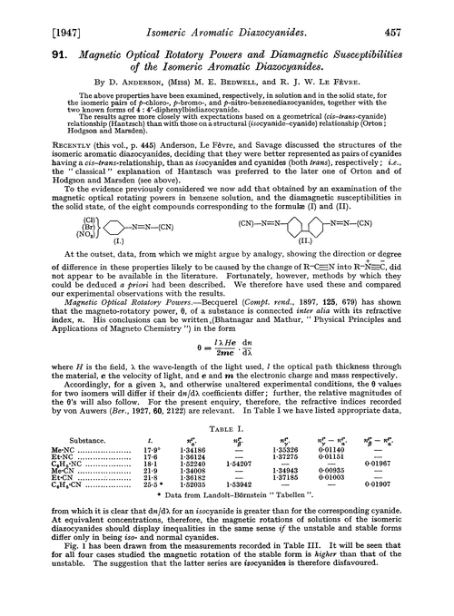 91. Magnetic optical rotatory powers and diamagnetic susceptibilities of the isomeric aromatic diazocyanides