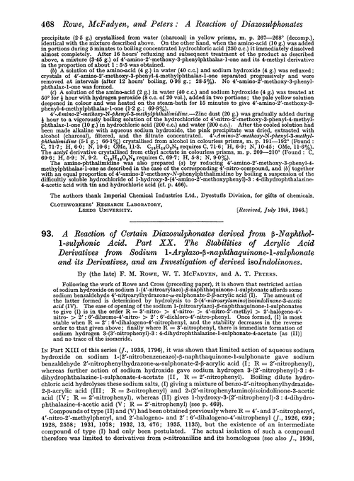 93. A reaction of certain diazosulphonates derived from β-naphthol-1-sulphonic acid. Part XX. The stabilities of acrylic acid derivatives from sodium 1-arylazo-β-naphthaquinone-1-sulphonate and its derivatives, and an investigation of derived isoindolinones